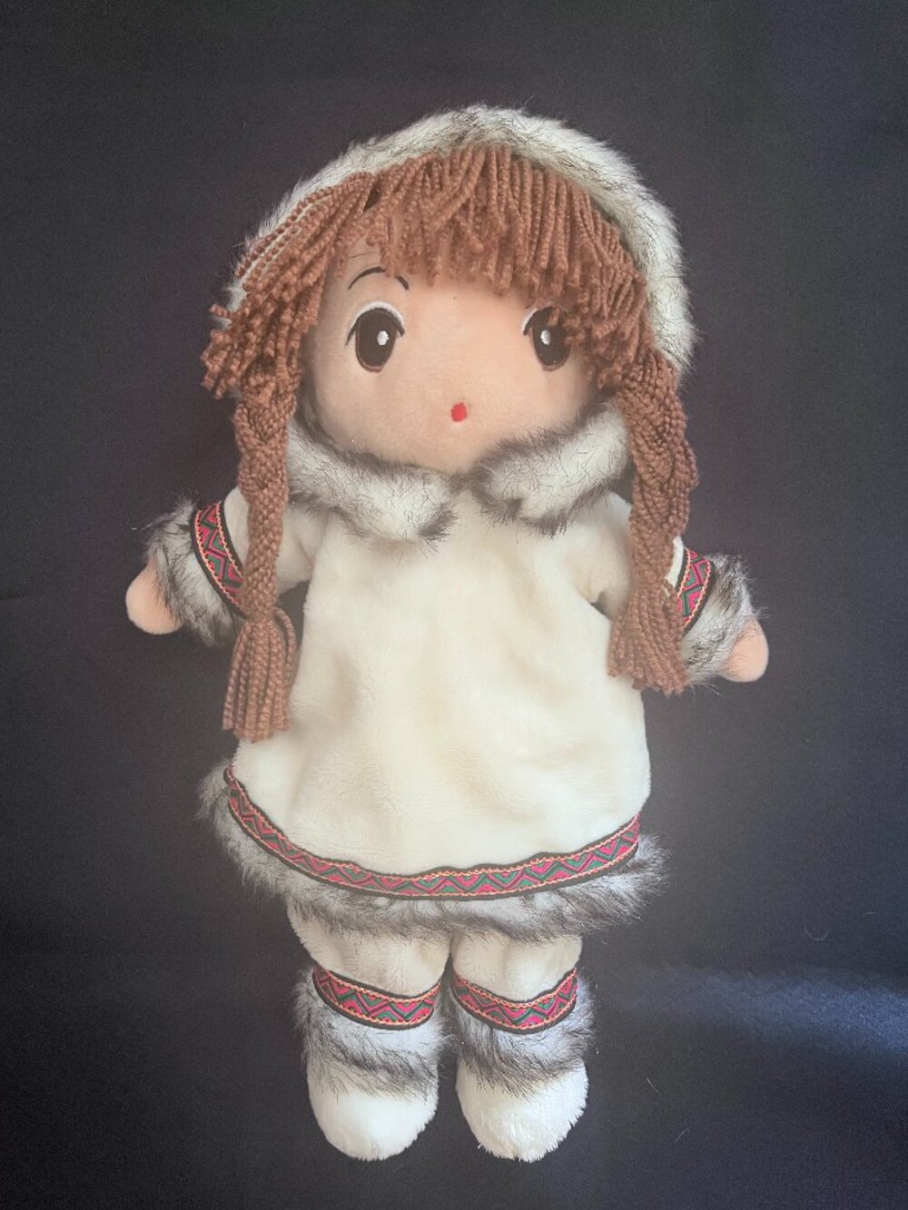 Inuit Plush Doll Ivory Faux Fur Yarn Braids Canadian Collectible